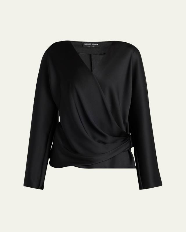 Draped Long-Sleeve Silk Blouse